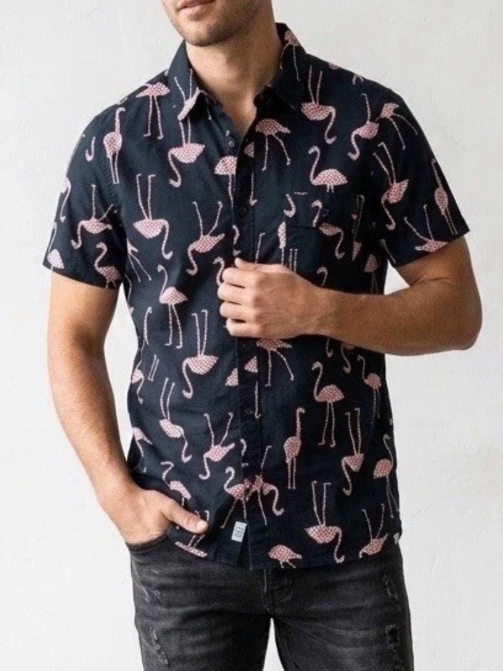 Flamingo Cotton Button Down Mens Shirt M Black Pink Short Sleeve Tropical Resort